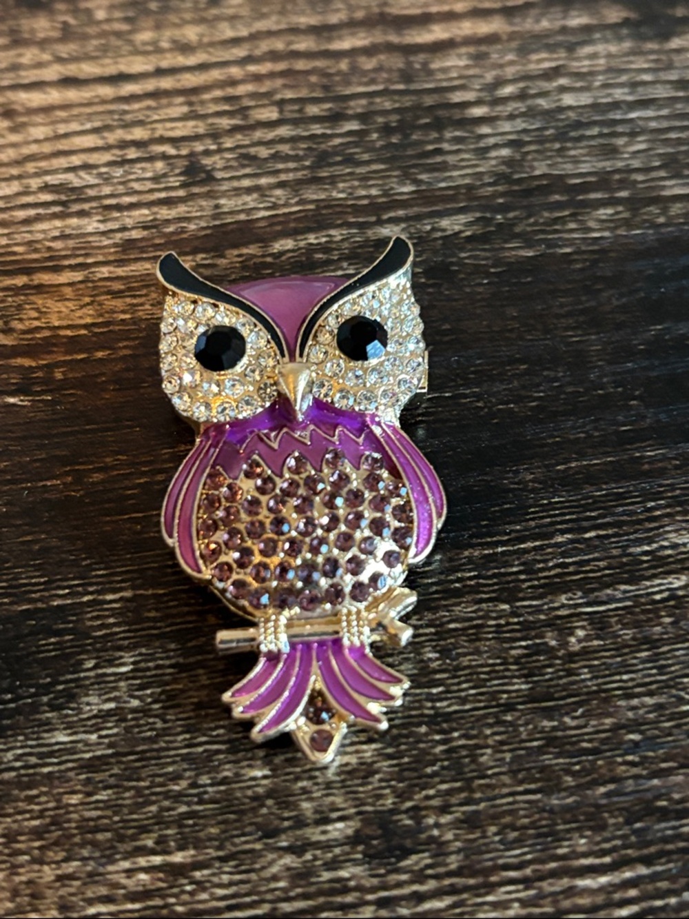 Mint Purple and Clear Crystal Owl Brooch Pin